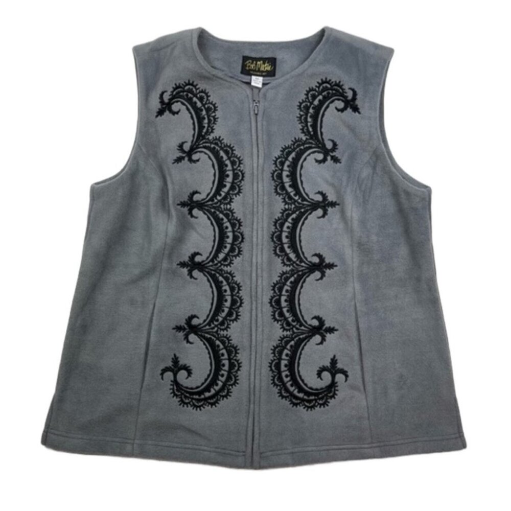 Bob Mackie Vest Women's Wearable Art zip up gray embroidered fleece size Medium